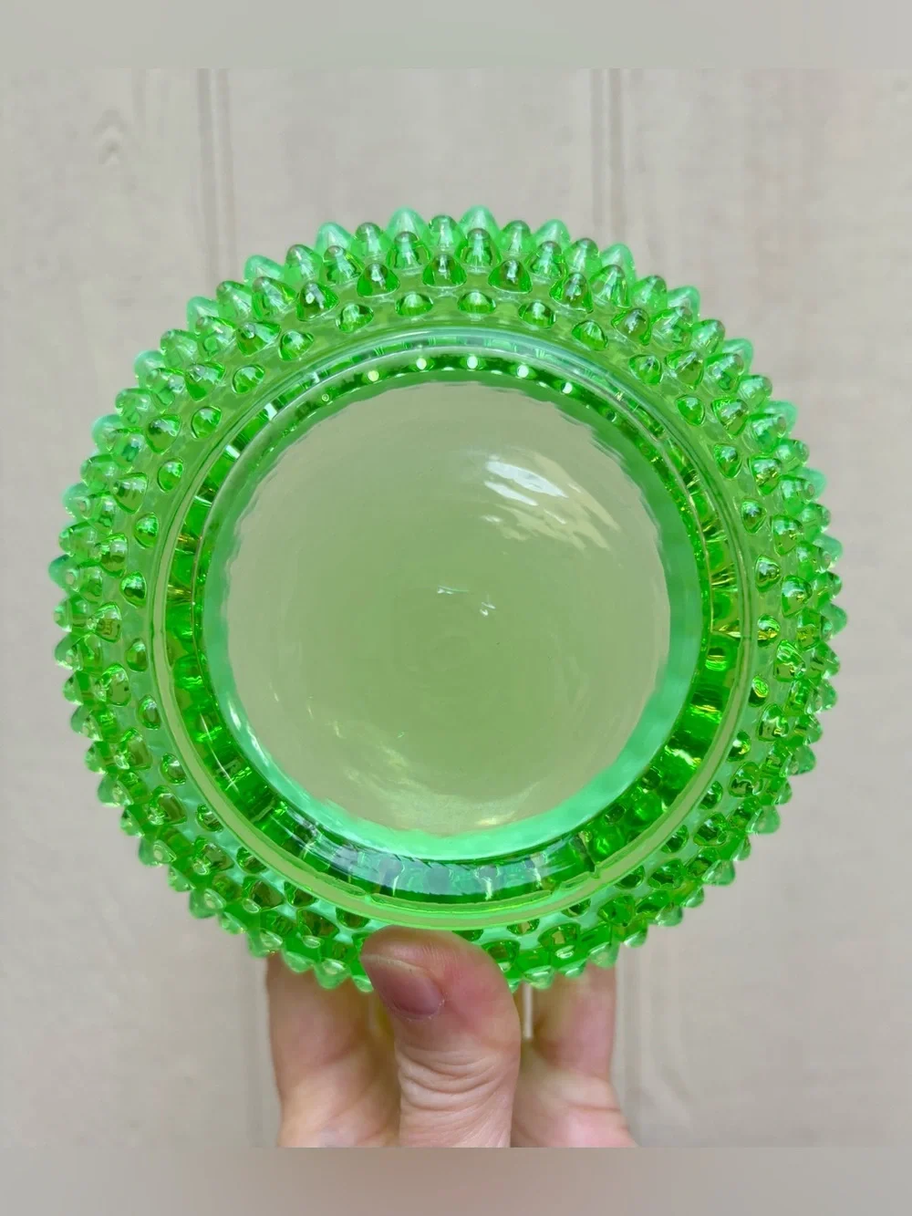 Fenton Rose Bowl Lime Green Opalescent Hobnail Glows!